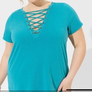 Torrid Vintage Cotton Jersey Lace Up Tee Teal size 1